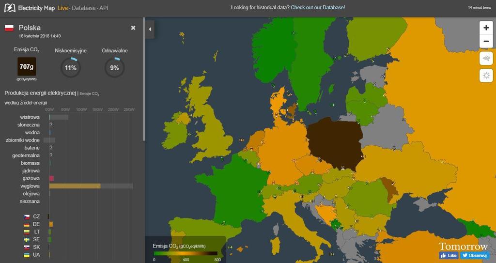 5 Emisja CO2 Polska 707 g CO2 (ekw.)/kwh (źródło: www.electricitymap.