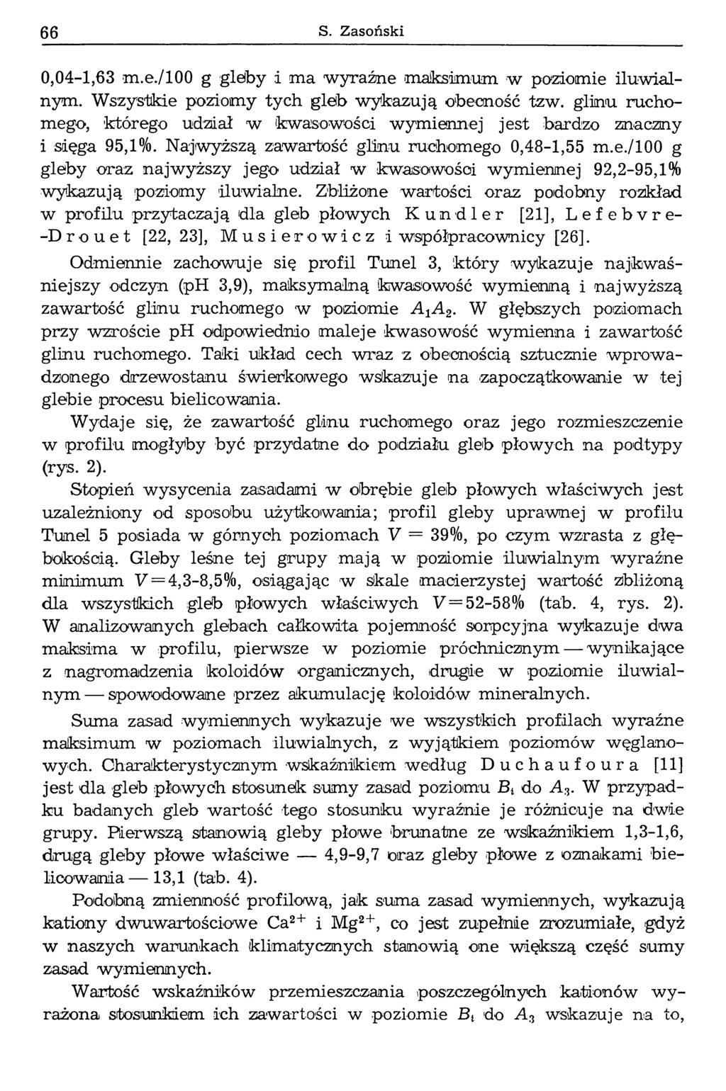 66 S. Zasoński 0,04-1,63 m.e./loo g gleby i ma wyraźne maksimum w poziomie iluwialnym. Wszystkie poziomy tych gleib wykazują obecność tzw.