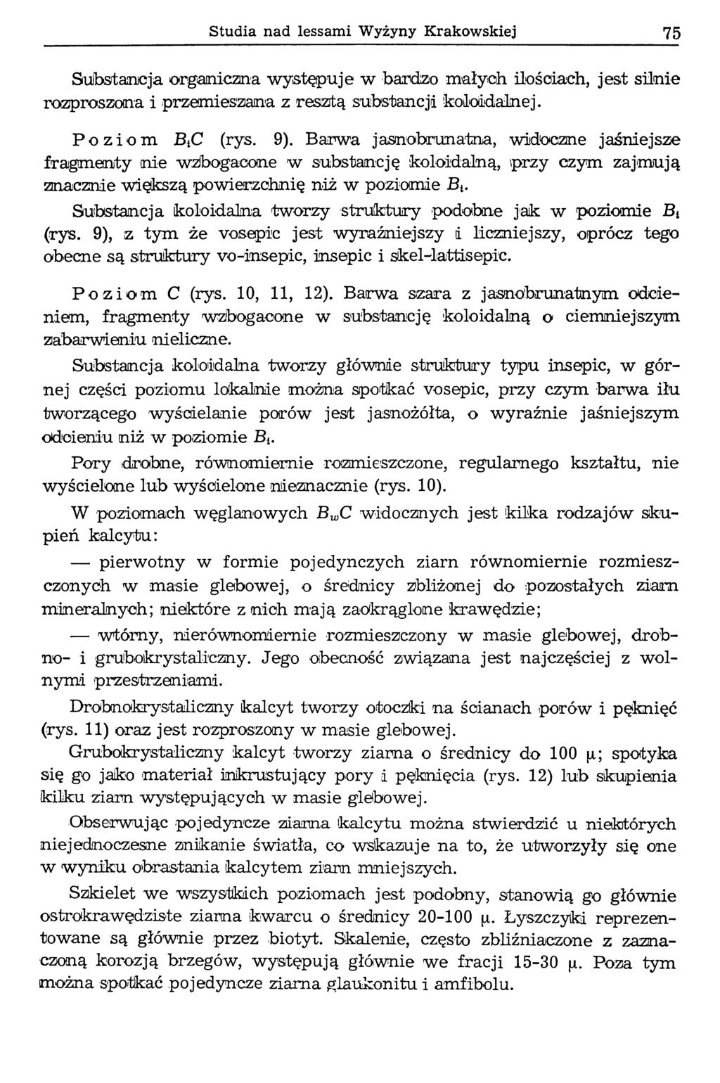 S tu d ia n ad lessam i W y ż y n y K ra k o w sk ie j 75 Substancja organiczna występuje w bardzo małych ilościach, jest silnie rozproszona i przemieszana z resizitą substancji koloidalnej.
