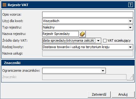 Aby wprowadzić wpis do rejestru VAT: W dolnej części okna Wzorzec księgowania kliknij w zakładkę Rejestry VAT, a następnie. Pojawi się okno Rejestr VAT. 2. Uzupełnij okno zgodnie z rysunkiem poniżej.
