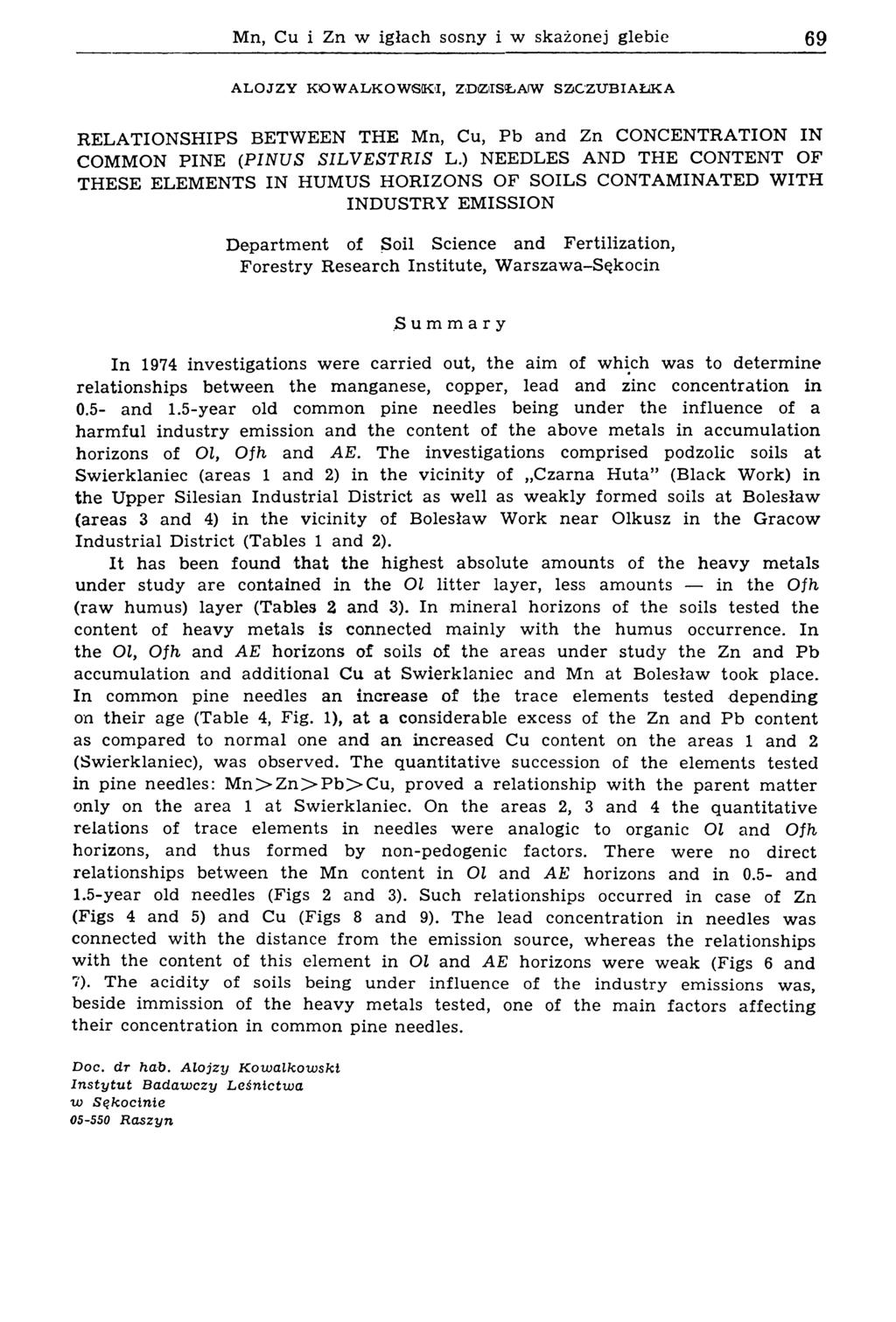 Mn, Cu i Zn w igłach sosny i w skażonej glebie 69 ALOJZY K O W ALKOW SKI, ZOiZISŁAlW SZC ZUBIA ŁK A R ELATIO NSH IPS BETWEEN THE Mn, Cu, Pb and Zn CONCENTRATION IN COMMON PINE (P I N U S S I L V E S