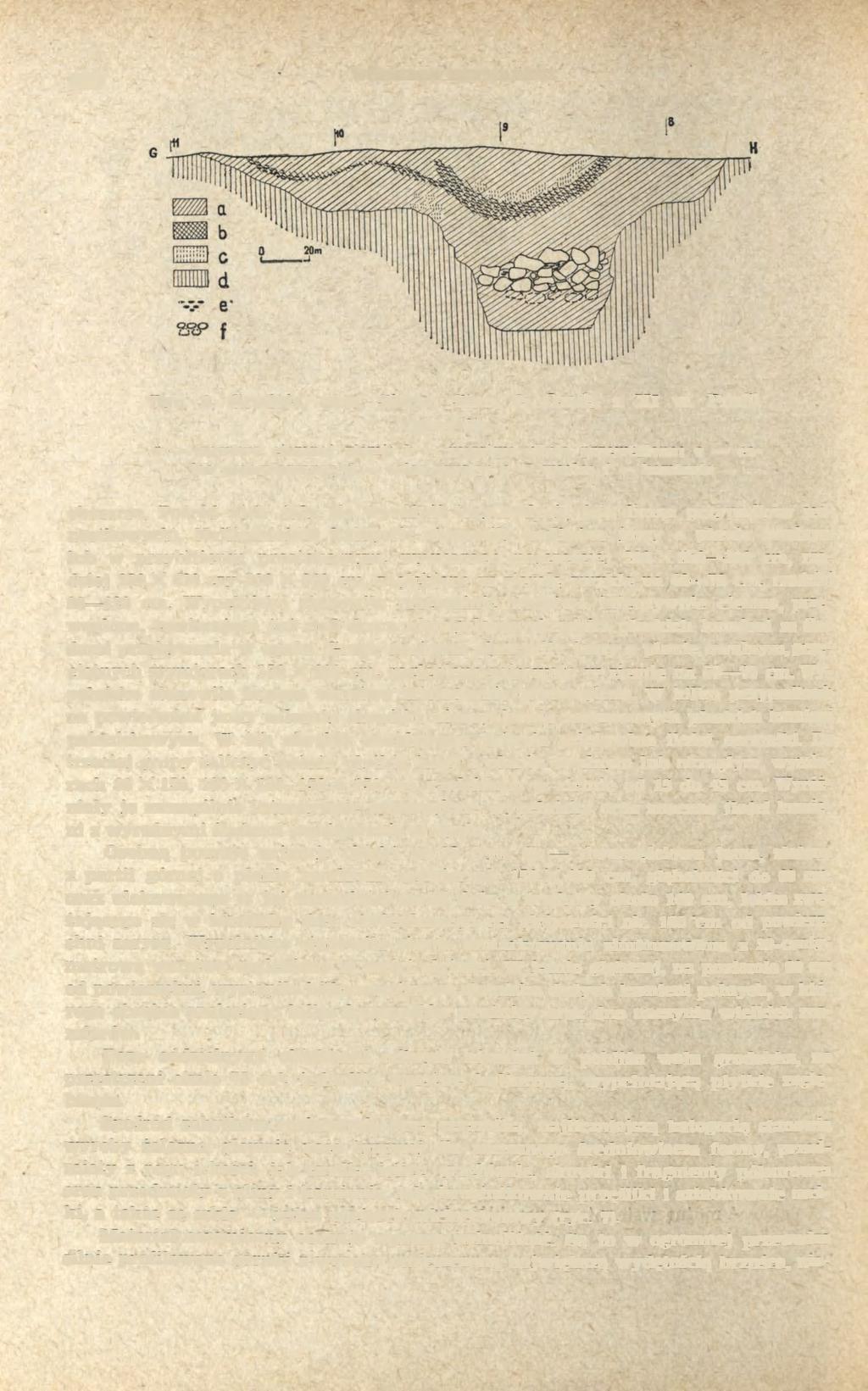 326 Ryc. 6. Grodnia, pow. Sierpc. Stan. 2. Osada z XI w. Profil jamy 92: a warstwa ciemnej ziemi; b warstwa silnie przewęglona; c calec przemieszany; d calec czysty; e węgle; f kamienie obszarze.