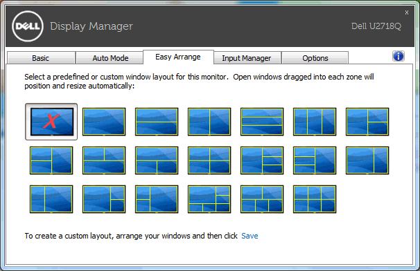 Łatwa aranżacja układu okna monitora W obsługiwanych monitorach Dell karta Easy Arrange (Łatwa aranżacja) umożliwia łatwe rozmieszczenie otwartych okien za