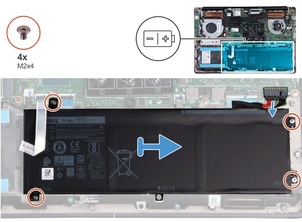 1 Odłącz kabel akumulatora od płyty systemowej. 2 Wykręć cztery śruby (M2x4) mocujące akumulator do zestawu podparcia dłoni i klawiatury. 3 Wyjmij akumulator z zestawu podparcia dłoni i klawiatury.