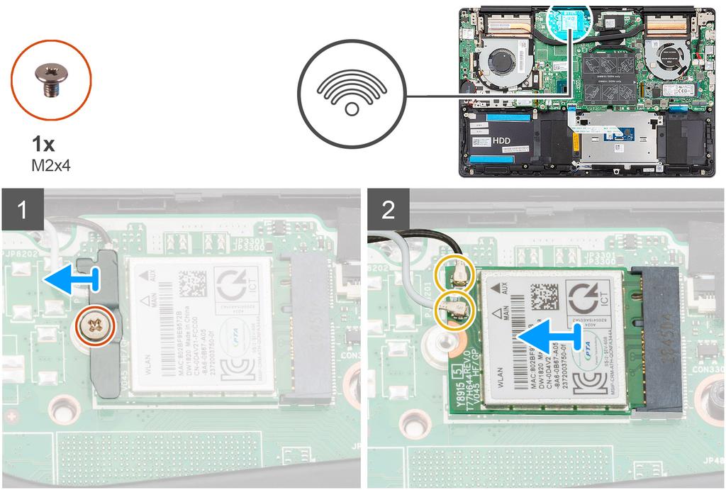 1 Wykręć śrubę (M2x4) mocującą wspornik karty sieci WLAN do karty. 2 Zdejmij wspornik karty WLAN z karty WLAN. 3 Odłącz kable antenowe od karty WLAN. 4 Przesuń i wyjmij kartę sieci WLAN z gniazda.