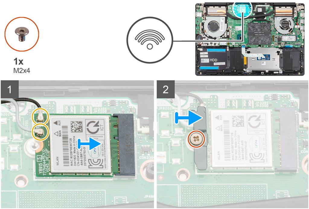 1 Dopasuj wycięcie na karcie sieci WLAN do wypustki w gnieździe karty sieci WLAN i wsuń kartę do gniazda pod kątem. 2 Podłącz kable antenowe do karty sieci WLAN.