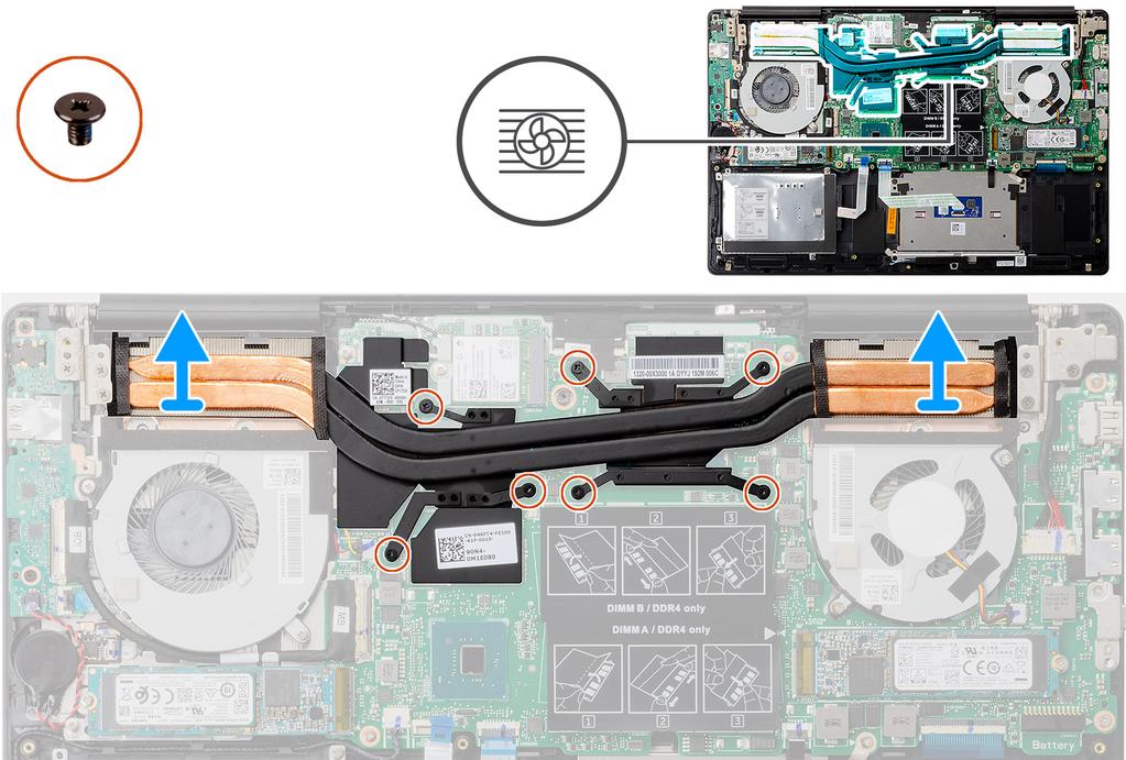 1 W kolejności wskazanej na radiatorze poluzuj cztery śruby mocujące radiator do płyty systemowej. 2 Zdejmij radiator z płyty systemowej.