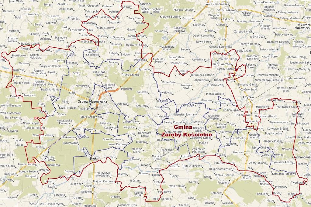 Ryc. 1. Położenie Gminy Zaręby Kościelne na tle gmin powiatu ostrowskiego Źródło: ostrowskimazowiecki.e-mapa.net Gmina Zaręby Kościelne jest gminą rolniczą.