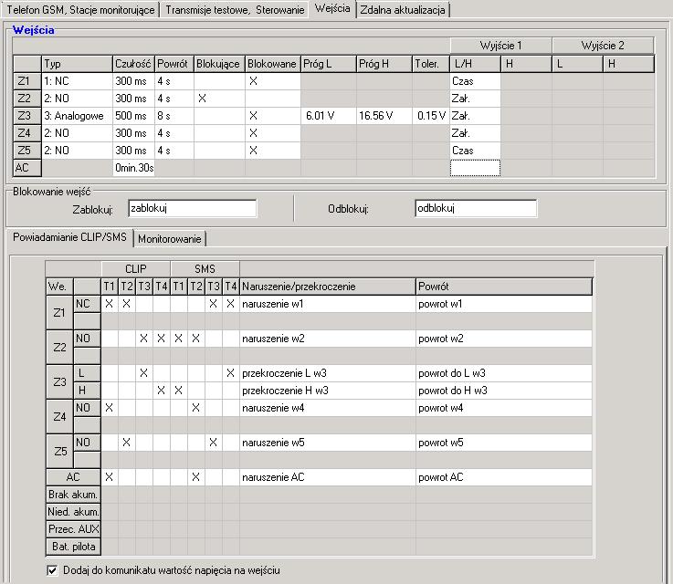 18 GPRS-T2 SATEL Rys. 10. Tabele Wejścia i Powiadamianie CLIP / SMS w zakładce Wejścia. Blokujące pole należy zaznaczyć, jeżeli wejście ma pełnić funkcję wejścia blokującego, tzn.