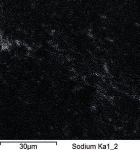 The results of EDS analysis carried out on the surface of silica sand grains to detect the presence of sodium in the sand with binder 145 prepared according to variant V1% after the conventional