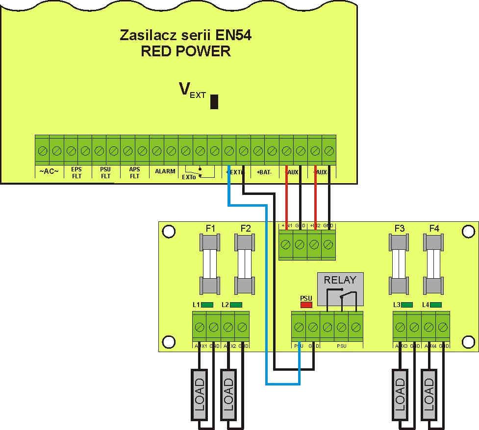 6.7. Rozszerzenie ilości wyjść zasilacza za pomocą opcjonalnych modułów bezpiecznikowych EN54-LB4 lub EN54-LB8.