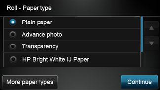 Jeśli dany rodzaj papieru nie jest wyświetlony na panelu sterowania, dotknij opcji More paper types (Więcej rodzajów papieru).