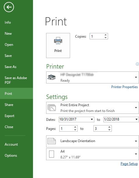 Korzystanie z programu Microsoft Project 1. Kliknij kolejno File (Plik) > Print (Drukuj). 2. Wybierz nazwę drukarki. 3.