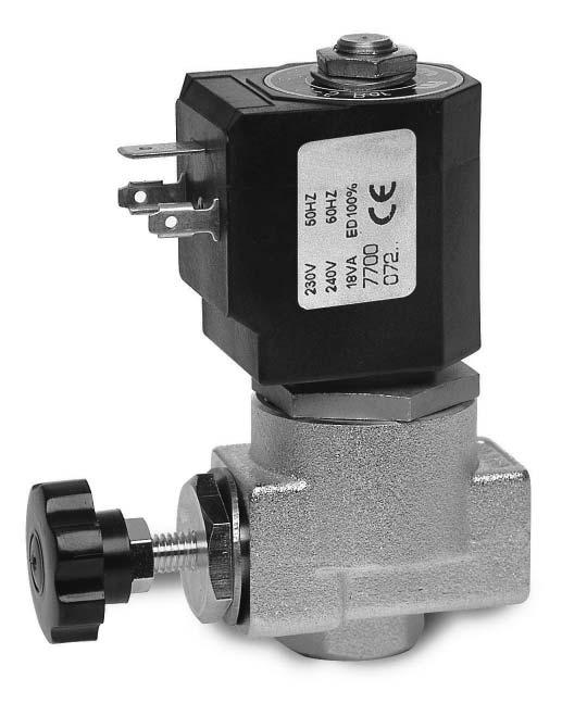 Typ D260 261 Elektrozwory 2/2 z regulją (N.Z.) o pry o temperturze o 150 C, z regulją nizo (AISI 303 EN 10088-3) Sigour PTFE wo, pr Tempertur meium -10 C +150 C 18VA (pr) 36VA (rozruh) D260DLP 1/4 6.