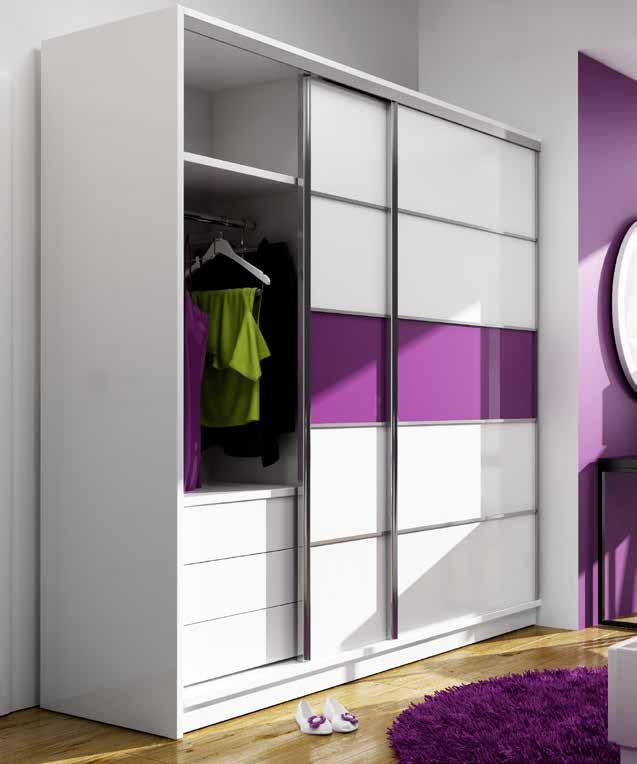 głębokość szafy: 64 cm 220 cm Na zdjęciu: korpus - biały; front - biały, szkło fioletowe. Okucia SEVROLL.