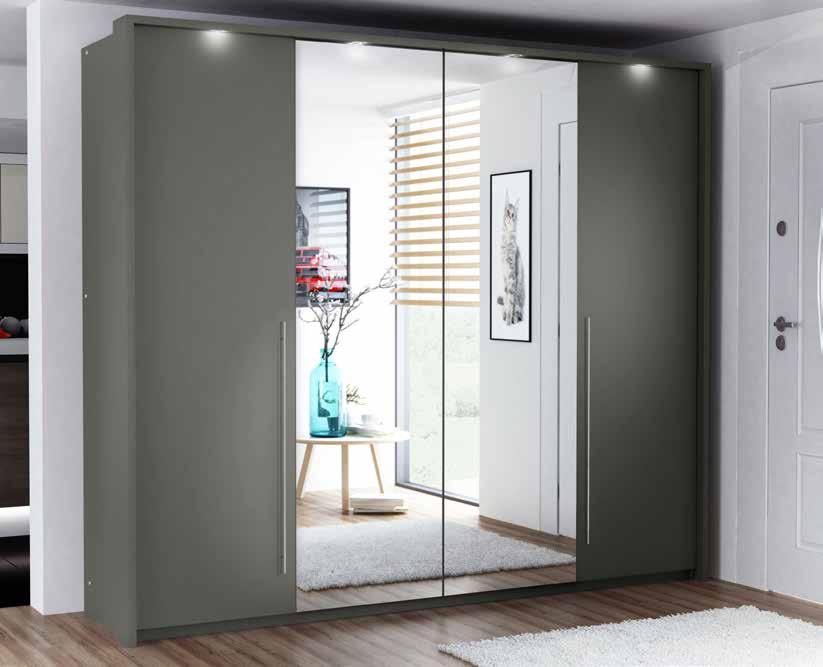 głębokość szafy: 65 cm górne oświetlenie LED 255 cm długie proste uchwyty drzwi łamane 219 cm