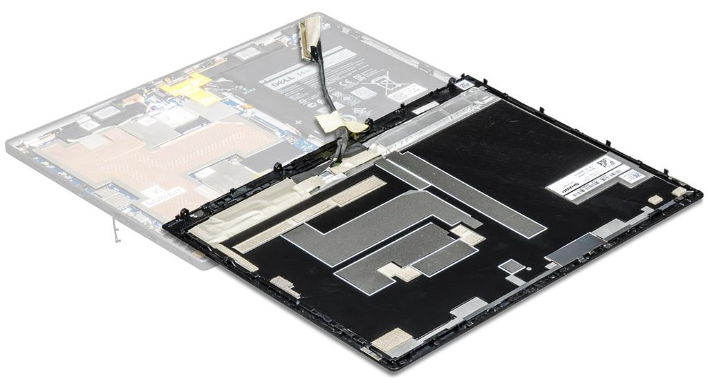 Instalowanie panelu wyświetlacza 1 Połóż panel wyświetlacza na płaskiej powierzchni. 2 Podłącz kabel wyświetlacza do złącza na płycie systemowej. UWAGA: Pamiętaj, aby umieścić kabel pod zaciskami.