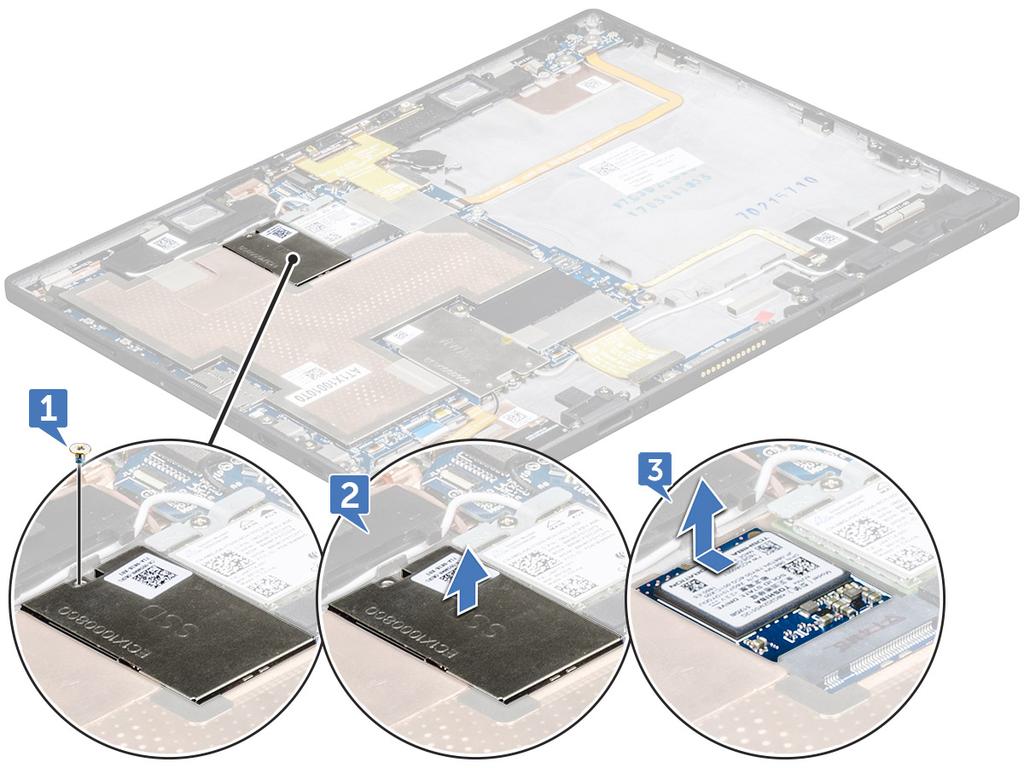 a b c Karta microsim i karta Micro SD. panel wyświetlacza akumulator 3 Aby wymontować moduł SSD, wykonaj następujące czynności: a Wykręć śrubę M2x2,0 (1) mocującą osłonę karty SSD [1].