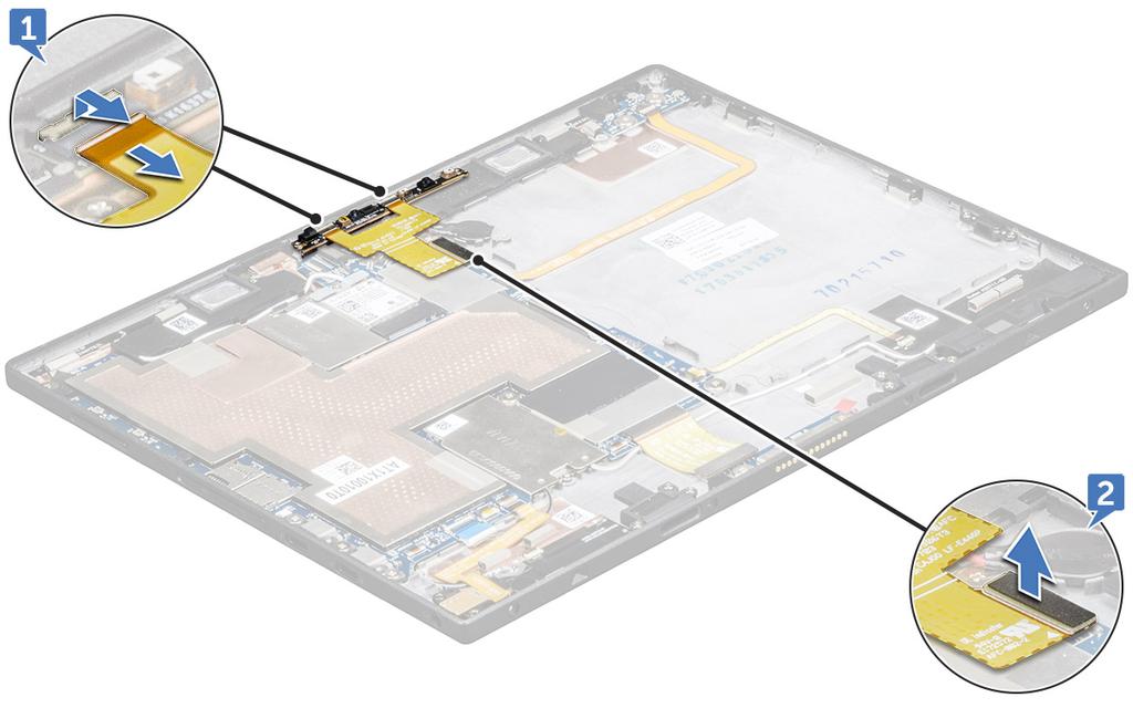 a b c Karta microsim i karta Micro SD. panel wyświetlacza akumulator 3 Aby odłączyć kabel kamery przedniej: a Otwórz zatrzask i odłącz kabel kamery przedniej [1].