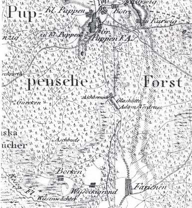 Mapa nr 12. Huta szkła (Glashütte) i osada Adams Verdruss. Fragment tzw. mapy Schröttera z lat. 1796-1802.