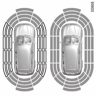 POMOC PRZY PARKOWANIU (2/5) 2 C A Uwaga: jako uzupełnienie sygnałów dźwiękowych wyświetlacz 2 umożliwia pokazanie otoczenia pojazdu.