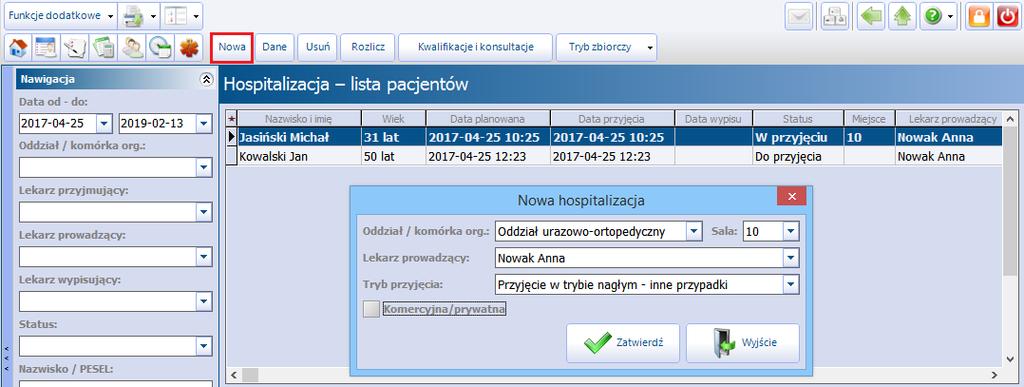 Utworzenie hospitalizacji Szczegółowy opis rezerwacji usług komercyjnych znajduje się w instrukcji Modułu Komercyjnego dostępnej na stronie internetowej produktu. 3.