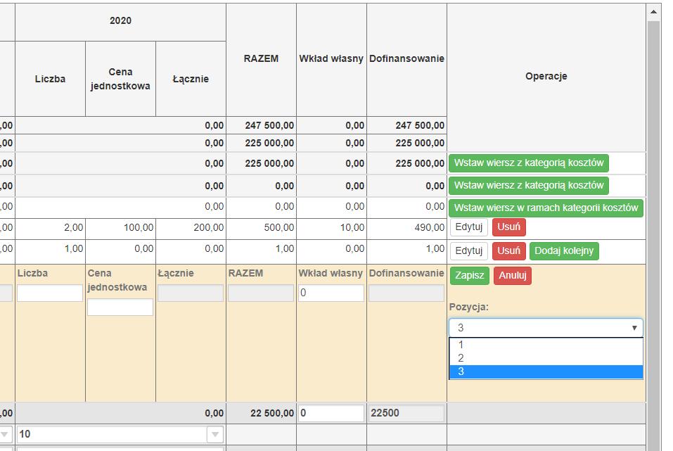 Podręcznik Użytkownika W tabeli finansowej 5.1.1 Planowane wydatki w ramach projektu w PLN możliwe jest przenoszenie kosztów w górę lub w dół.
