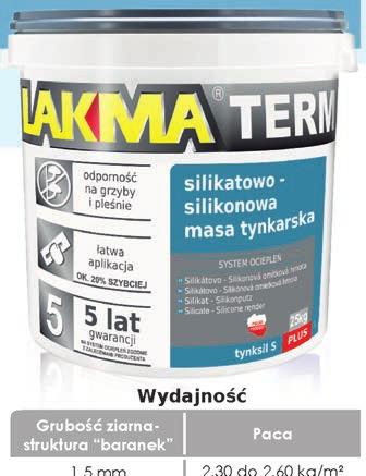 TYNKSIL S PLUS cienkowarstwowy tynk silikatowo - silikonowy TYSKSIL S PLUS to bardzo wysokiej jakości dekoracyjna, barwna masa tynkarska wyprodukowana na bazie wyselekcjonowanej wodnej dyspersji