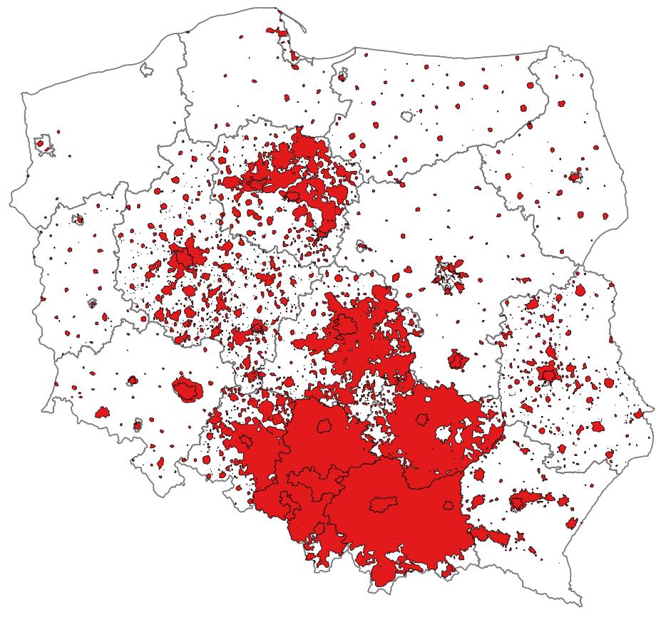 Obszary przekroczeń poziomu docelowego benzo(a)pirenu w pyle PM10 (średnia roczna)