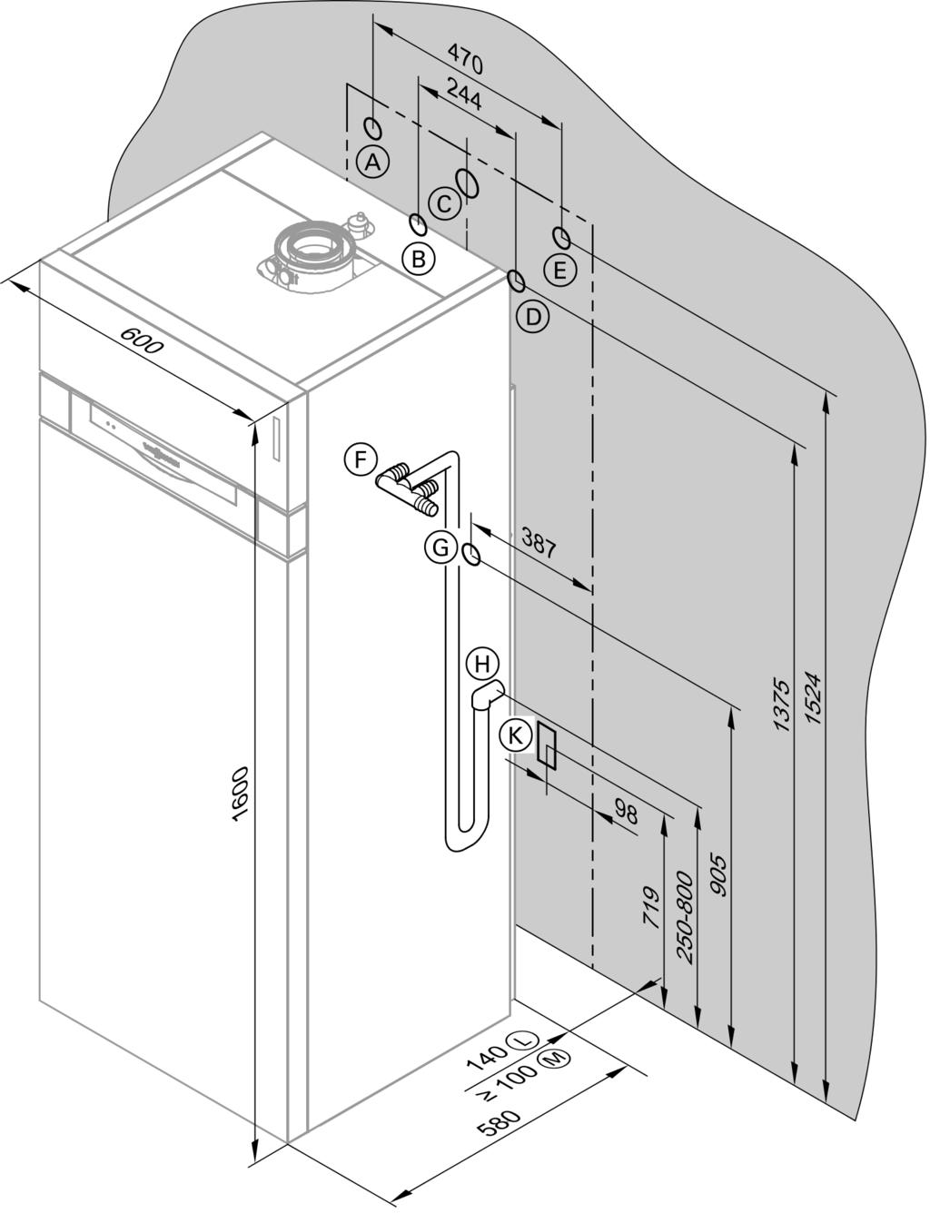 Przygotowanie montażu (ciąg dalszy) A Woda zimna G¾ B Zasilanie instalacji G¾ C PrzyłączegazuG¾ D Powrót instalacji G¾ E Ciepła wodaużytkowa G¾ F Kolektor kondensatu G Otwór dla przewodu