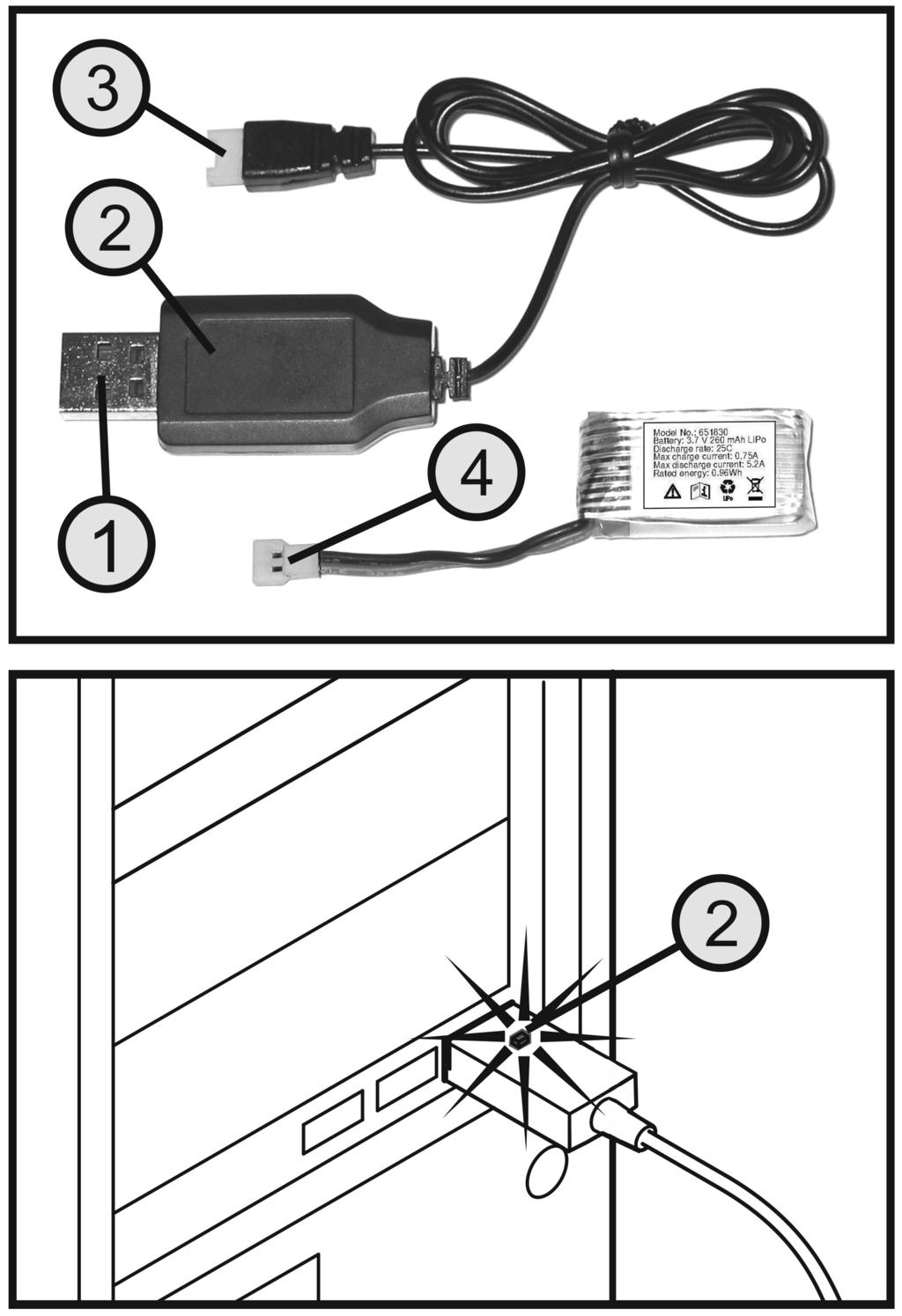 10. Uruchomienie modelu helikoptera Akumulator lotu jest ładowany za pomocą dołączonego kabla USB do ładowania. Ze względów fototechnicznych zwinięty kabel ładujący można zobaczyć na rys. 4.