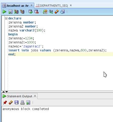 Instrukcje SQL w PL/SQL Stosowanie zapytań z grupy DML w programach PL/SQL niewiele różni się od standardowych zapytań SQL.