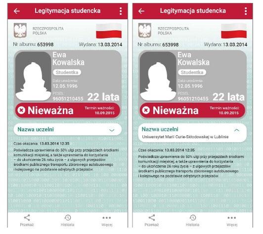 B. Nieważna mlegitymacja studencka C. Opis: 1. mlegitymacja studencka jest dokumentem elektronicznym przechowywanym i okazywanym przy użyciu publicznej aplikacji mobilnej, zwanej dalej aplikacją. 2.