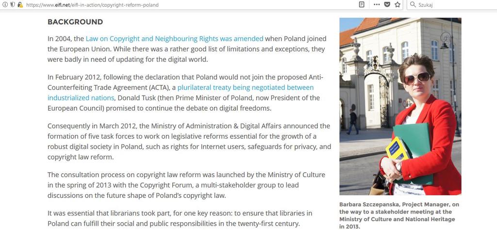 Opiniotwórcza rola EBIB* Udział w polskich i europejskich konsultacjach aktów prawnych, opiniowanie, przygotowywanie stanowisk dotyczących: - prawa autorskiego, -
