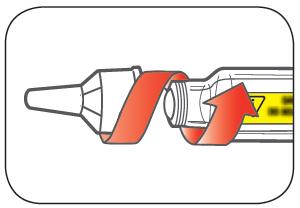 Krok 1: Należy pociągnąć nasadkę wstrzykiwacza. Nie należy usuwać etykiety ze wstrzykiwacza. Należy przetrzeć gumowy korek wacikiem.