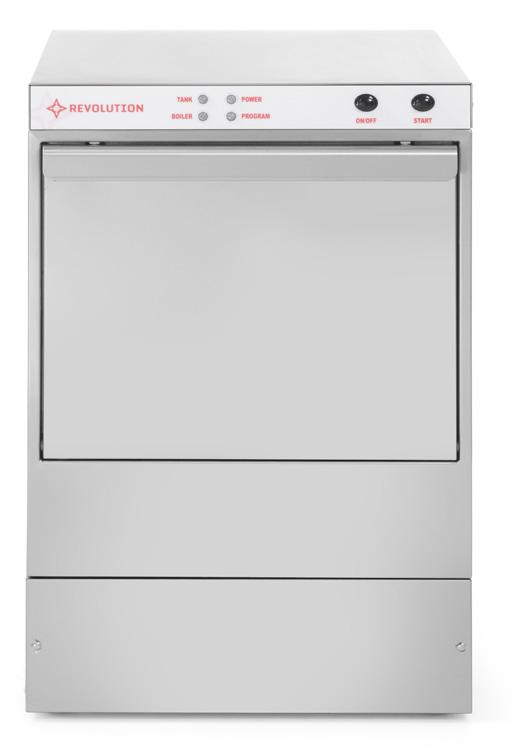 Zmywarka do szkła REVOLUTION 40x40 Niezwykle prosta w użyciu, utrzymaniu w czystości a nawet serwisowaniu Idealna do mycia kubków, filiżanek, szkła, sztućców, talerzy Sterowanie manualne Obudowa ze