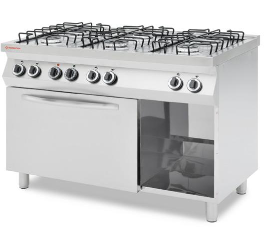 Kuchnia gazowa 6-palnikowa z piekarnikiem gazowym GN 1/1 Palniki: 3x 5 kw + 3x 3,5 kw Palniki z zapalnikiem elektrycznym, wymagającym podłączenia do 230 V (w zestawie kabel elektryczny bez wtyczki)