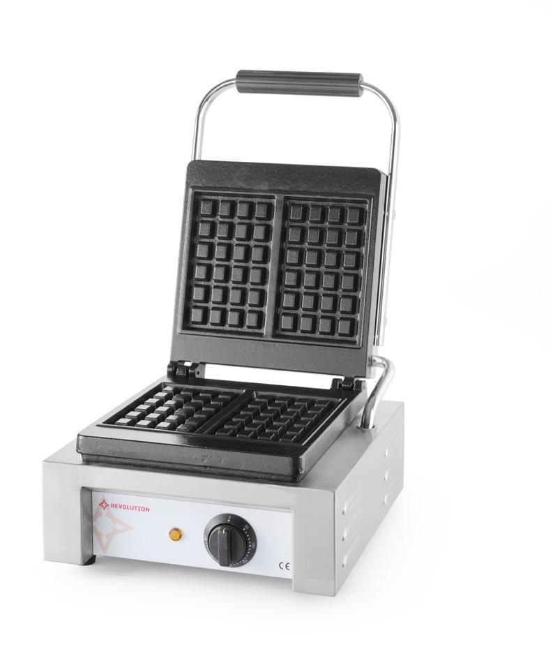 Gofrownica REVOLUTION 1500 W elektryczna, sterowanie elektromechaniczne Na dwa gofry belgijskie o wymiarach 105x170 mm każdy, o układzie kostek 4x6