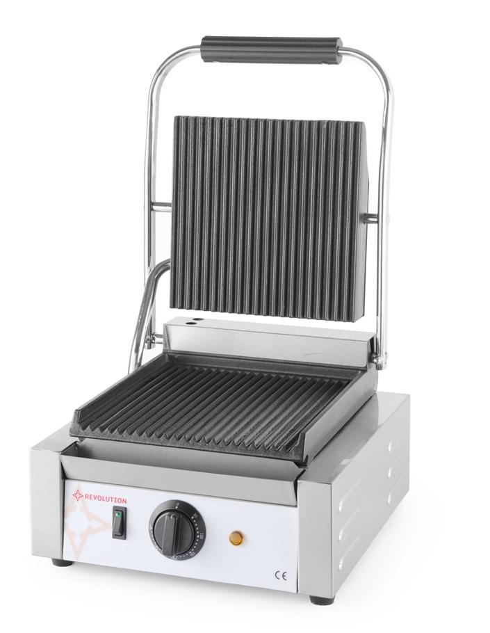 Grill kontaktowy pojedynczy ryflowana powierzchnia grillująca Powierzchnia grzewcza wykonana z żeliwa pokrytego powłoką ceramiczną Temperatura regulowana płynnie w zakresie od 50 C do 300 C, z lampką