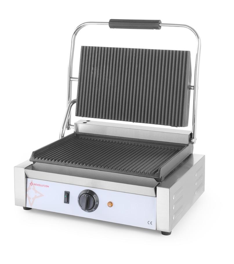 Grill kontaktowy pojedynczy ryflowana powierzchnia grillujaca Powierzchnia grzewcza wykonana z żeliwa z powłoką ceramiczną.