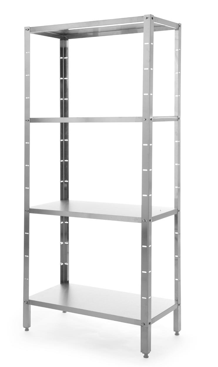 Regał magazynowy 4 półki pełne skręcany Wykonany ze stali nierdzewnej AISI 430 Nogi z regulacją wysokości wykonane z profilu 40x40 mm Maksymalne obciążenie na półkę 50 kg/m2 4 półki
