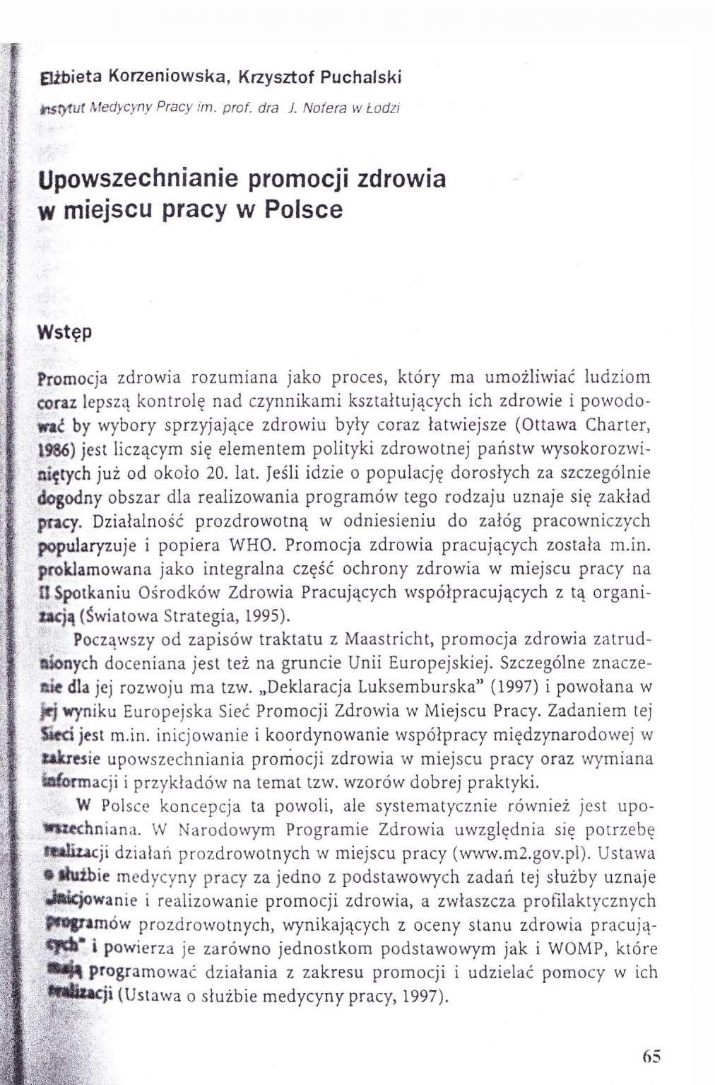Elżbieta Korzeniowska, Krzysztof Puchalski Instytut Medycyny Pracy im. prof. dra J.