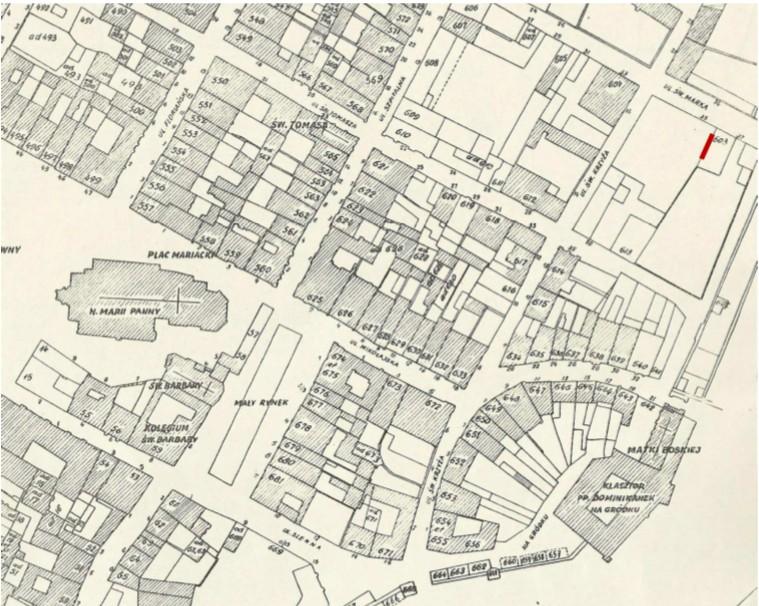 Il. nr 2. Kraków. Sytuacja zabudowy w kwartale ulic św. Marka św. Krzyża, św. Tomasza na Planie tzw.