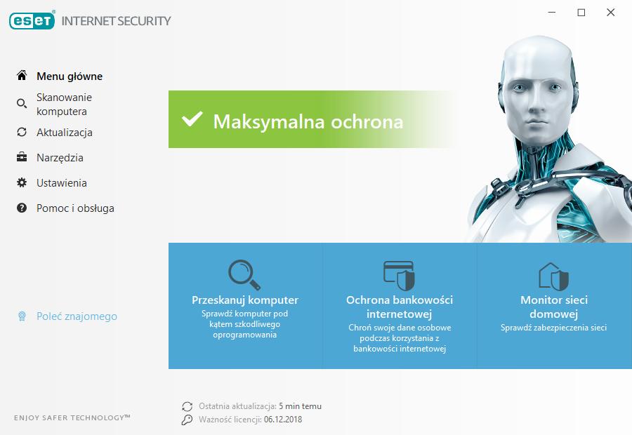 zaleca się ręczne uruchomienie aktualizacji w następujący sposób: W głównym oknie programu ESET Internet Security kliknij opcję Aktualizacja w głównym menu po lewej stronie, a następnie kliknij