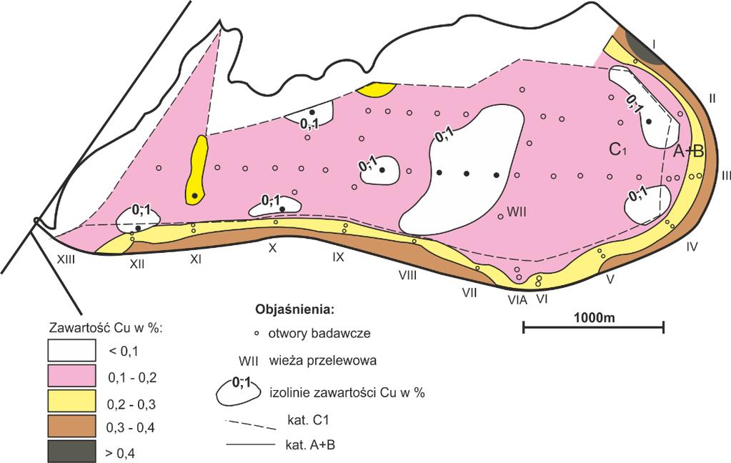 13 Rys. 2. Rozkład zawartości miedzi w osadniku Gilów [16] Z wykorzystaniem uzyskanych doświadczeń, podobne zagadnienie opracowane zostało w Zakładzie Geologii w 1995 r.