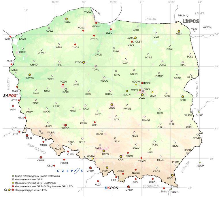 do Centrum Obliczeniowego. Składa się on z równomiernie rozłożonych na obszarze Polski i państw sąsiadujących stacji referencyjnych GNSS.
