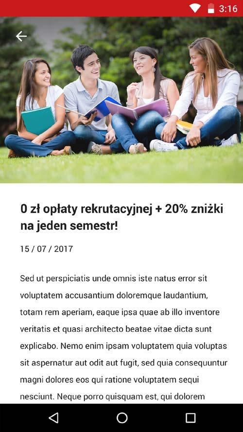 WIDOK TREŚCI AKTUALNOŚCI Po kliknięciu danej aktualności pojawia się ekran z pełną treścią, datą dodania oraz