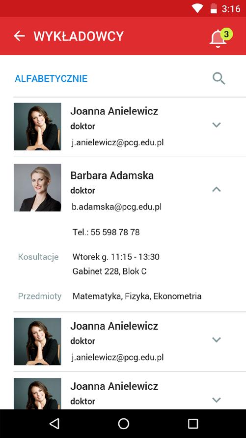 INFORMACJA O WYKŁADOWCACH Użytkownik ma dostęp do listy wykładowców uporządkowanej alfabetycznie.