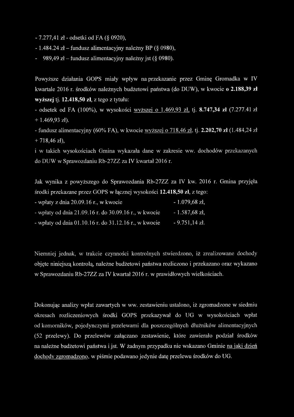 418,50 zł, z tego z tytułu: - odsetek od (), w wysokości wyższej o 1.469,93 zł, tj. 8.747,34 zł (7.277.41 zł + 1.469,93 zł). - fundusz alimentacyjny (60% ), w kwocie wyższej o 718,46 zł, tj. 2.