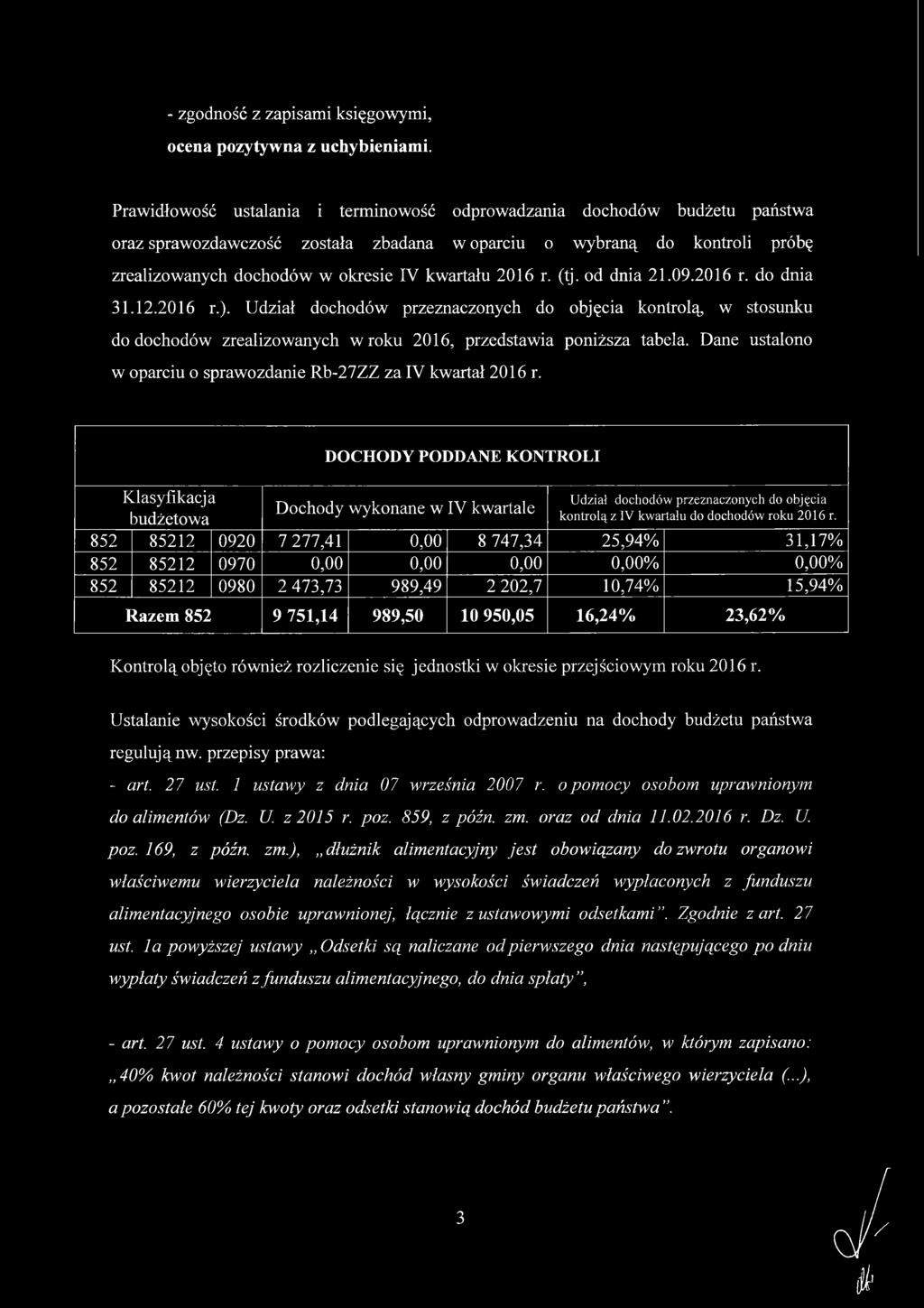 od dnia 21.09.2016 r. do dnia 31.12.2016 r.). Udział przeznaczonych do objęcia kontrolą w stosunku do zrealizowanych w roku 2016, przedstawia poniższa tabela.